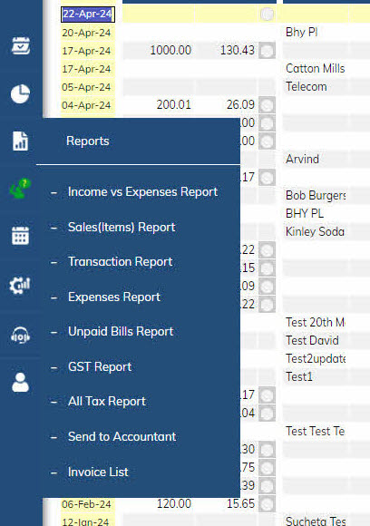 Reports menu Reports menu